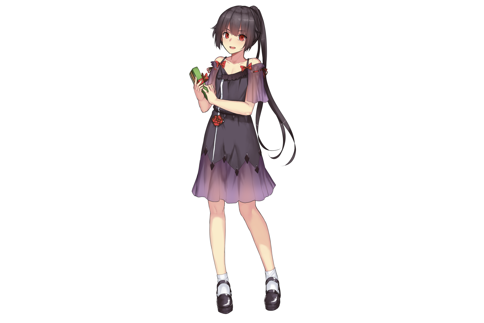 Anime-style original character with long black hair and red eyes, wearing a dark dress, designed as a 4K Ultra HD PC desktop wallpaper.