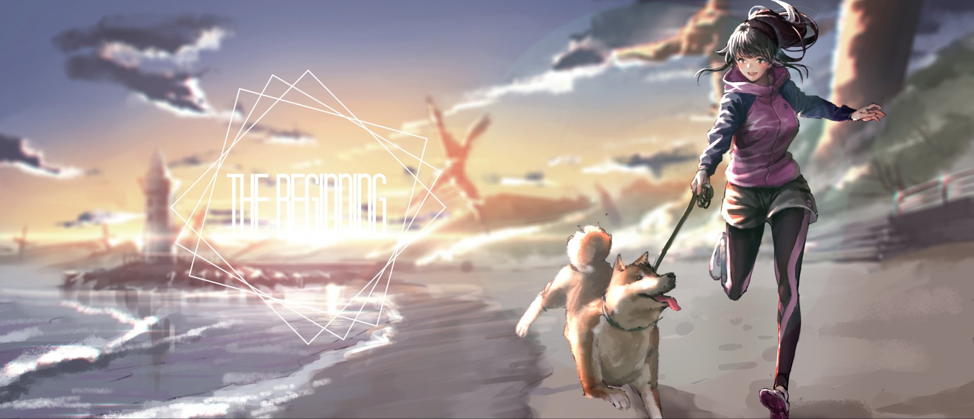 Anime-style HD desktop wallpaper of a smiling girl in shorts and pantyhose running with a dog on a sandy beach at sunset, with warm blush tones and vibrant sky colors.