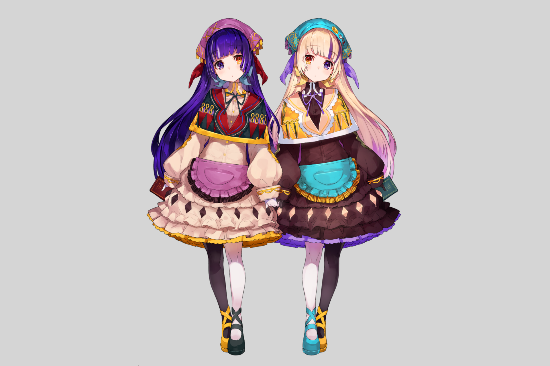 HD anime desktop wallpaper featuring original twin girls with blonde and purple hair, heterochromia, dressed in coordinated colorful outfits and dresses.