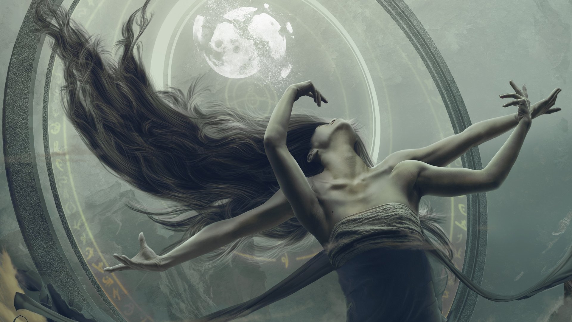 Fantasy woman with flowing hair and extra arms arches before a luminous moon inside a circular portal — 2K Quad HD PC desktop wallpaper/background.