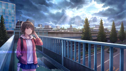 HD anime desktop wallpaper of a short-haired character in a hoodie standing on a bridge under dramatic clouds and light, blending urban and natural elements.
