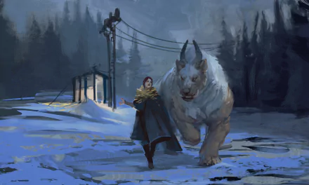A winter night fantasy scene with a cloaked figure and a gigantic, mythical creature walking together. The HD desktop wallpaper captures a dark, snowy forest and an eerie, mystical atmosphere.