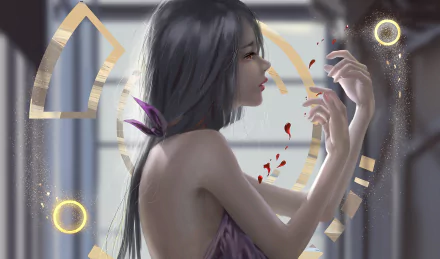 HD anime wallpaper featuring an original character with red eyes and blood. The character, with long gray hair and a side profile, is bathed in soft light and surrounded by abstract shapes.