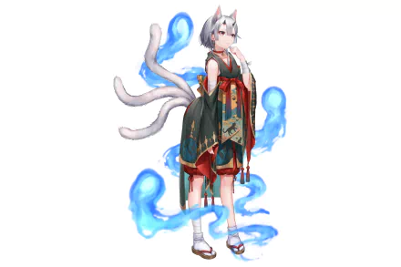 A character in traditional Japanese clothing with nekomimi ears and a tail, featuring short white hair and surrounded by ethereal blue wisps, depicted in a vibrant anime style.