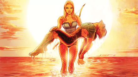 HD PC desktop wallpaper/background: comic-style Black Canary wading from a glowing sunset, carrying an unconscious Green Arrow across shallow water.