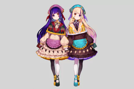 HD anime desktop wallpaper featuring original twin girls with blonde and purple hair, heterochromia, dressed in coordinated colorful outfits and dresses.