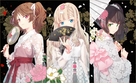 Anime-style HD desktop wallpaper featuring three original characters in intricate Japanese clothes with floral patterns, showcasing diverse hair and eye colors.