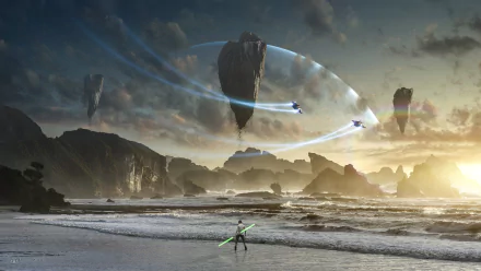 HD desktop wallpaper featuring Rey (Star Wars) with a green lightsaber on a beach landscape, sci-fi elements, floating rocks, and spaceships flying above.