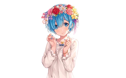 HD anime desktop wallpaper featuring Rem from Re:Zero - Starting Life in Another World, wearing a flower crown and a white blouse with a shy expression.