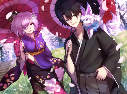 Anime-style HD PC wallpaper featuring Fate/Grand Order characters Fou, Mashu Kyrielight, and Fujimaru Ritsuka (Male) in traditional Japanese attire with cherry blossoms.