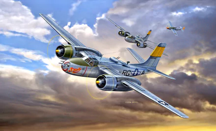 HD desktop wallpaper featuring a Douglas A-26 Invader military bomber warplane in flight against a dramatic sky backdrop with two other aircraft in the distance.
