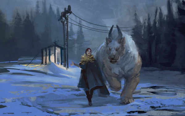 A winter night fantasy scene with a cloaked figure and a gigantic, mythical creature walking together. The HD desktop wallpaper captures a dark, snowy forest and an eerie, mystical atmosphere.