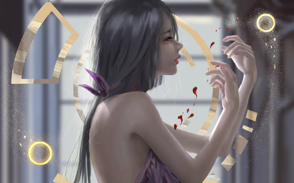 HD anime wallpaper featuring an original character with red eyes and blood. The character, with long gray hair and a side profile, is bathed in soft light and surrounded by abstract shapes.