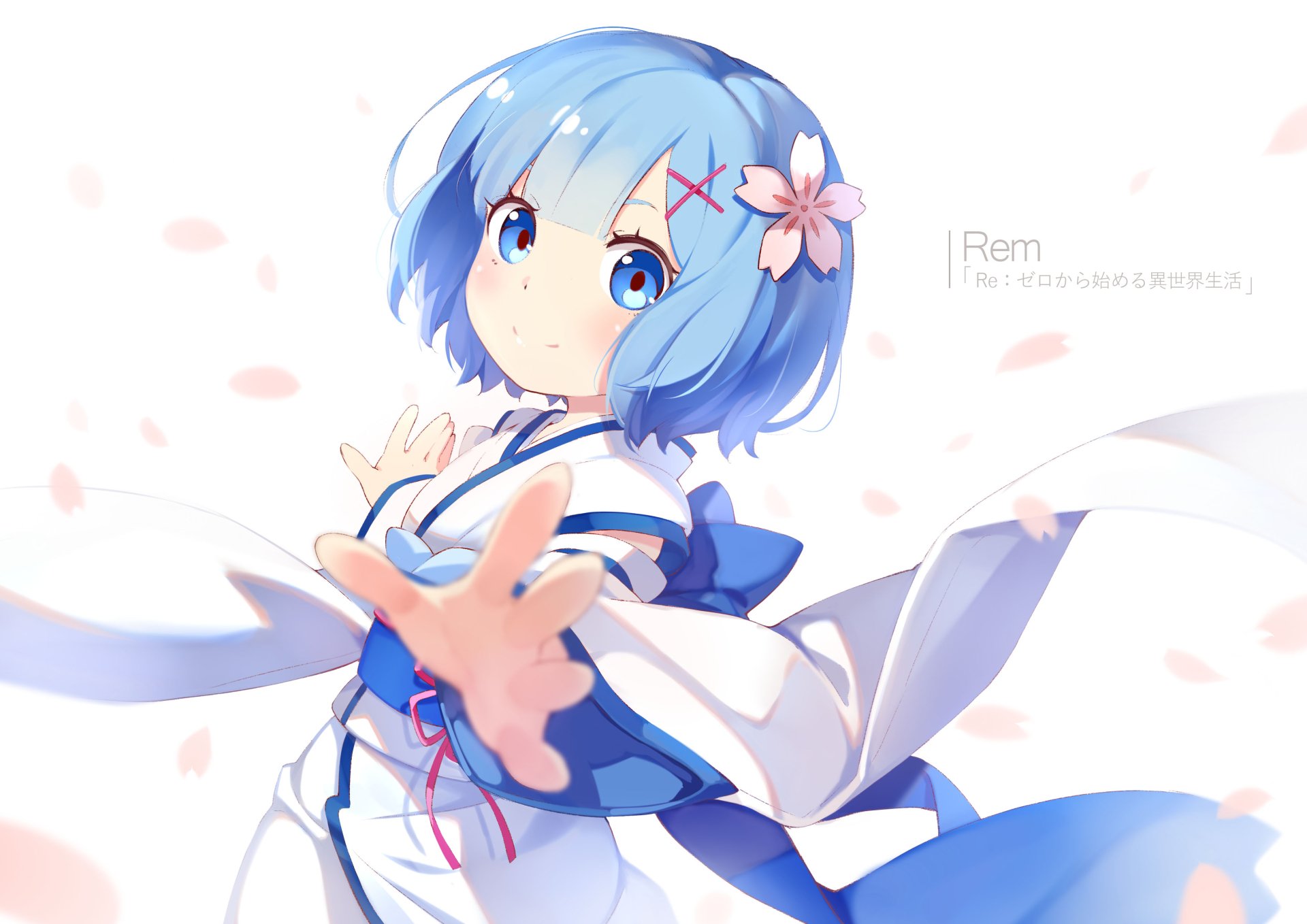 A HD desktop wallpaper featuring Rem from the anime Re:Zero - Starting Life in Another World, depicted with blue hair and a white and blue outfit, surrounded by pink petals.