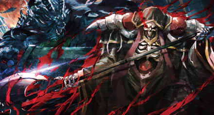 HD desktop wallpaper of an Overlord anime character in armor wielding a spear, with a dynamic, abstract red and blue background.