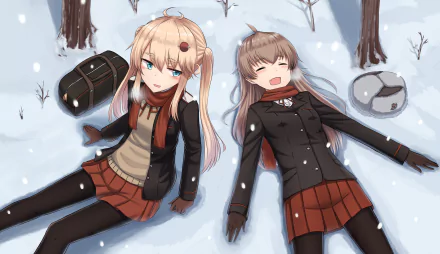 Anime-style HD desktop wallpaper featuring two girls with blue eyes and thigh highs lying in the snow, wearing skirts, scarves, and winter coats amidst trees and snowballs.