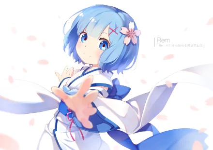 A HD desktop wallpaper featuring Rem from the anime Re:Zero - Starting Life in Another World, depicted with blue hair and a white and blue outfit, surrounded by pink petals.
