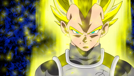 4K Ultra HD anime wallpaper featuring Vegeta from Dragon Ball Super in his glowing yellow Super Saiyan form against a dark, radiant background.