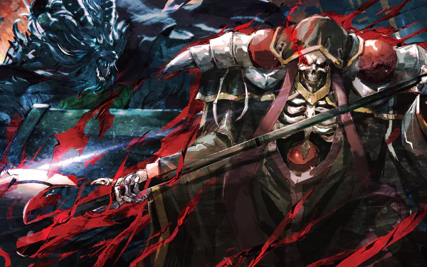 HD desktop wallpaper of an Overlord anime character in armor wielding a spear, with a dynamic, abstract red and blue background.