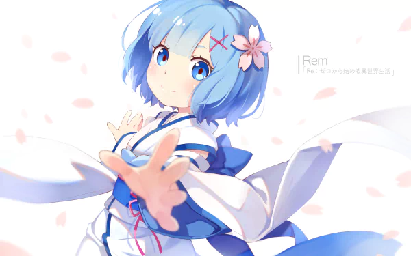 A HD desktop wallpaper featuring Rem from the anime Re:Zero - Starting Life in Another World, depicted with blue hair and a white and blue outfit, surrounded by pink petals.
