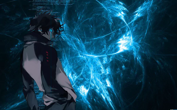 HD anime desktop wallpaper featuring Leonardo Watch from Blood Blockade Battlefront against a dynamic, glowing blue abstract background.