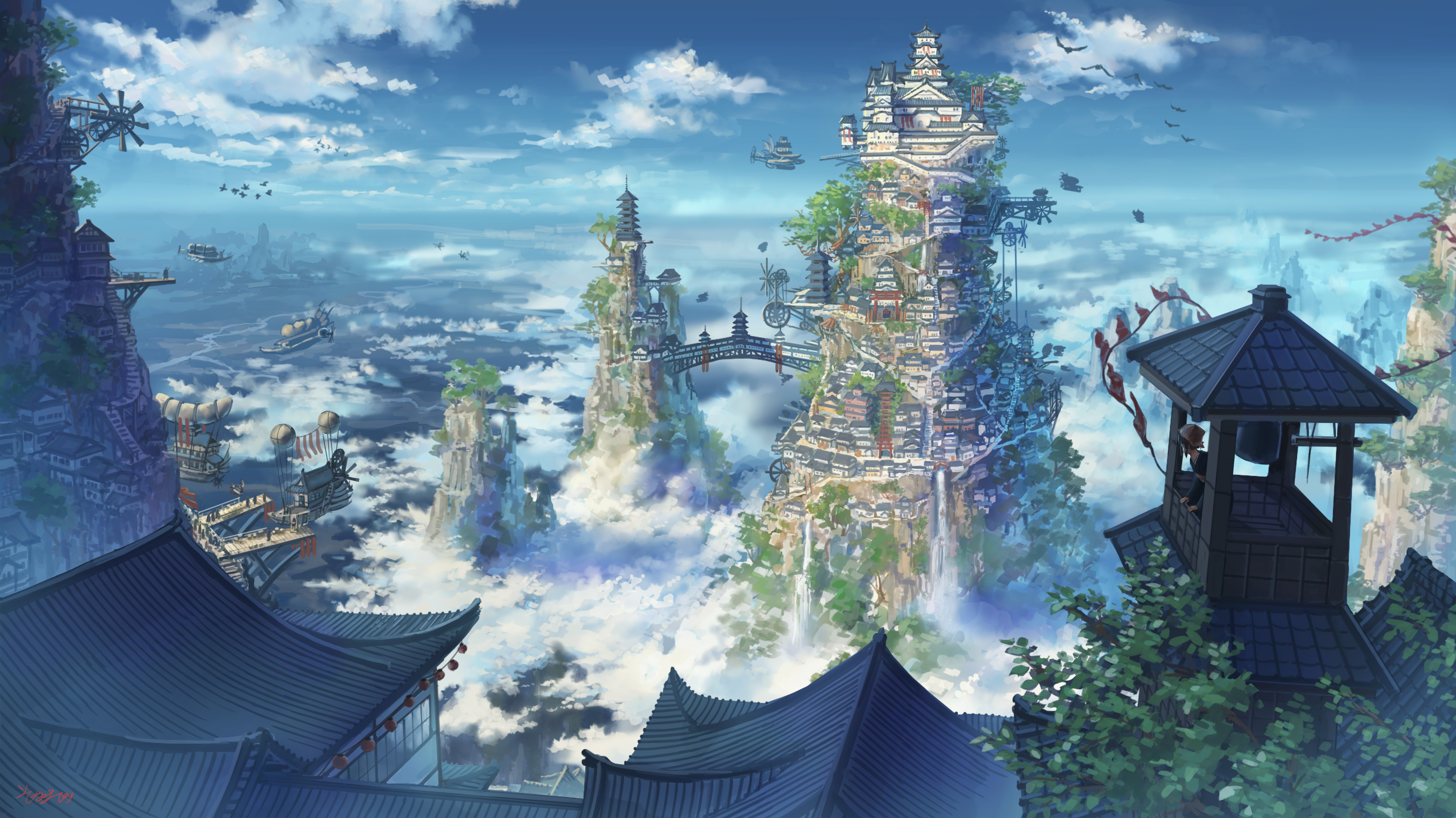 WIde Angle Japanese Anime Landscape Background. Clear Sky with Dynamic  Sunlight See Through Sakura Cloud. Sakura Tree. Beautiful Wildness Fantasy  Scenery. Stock Illustration | Adobe Stock