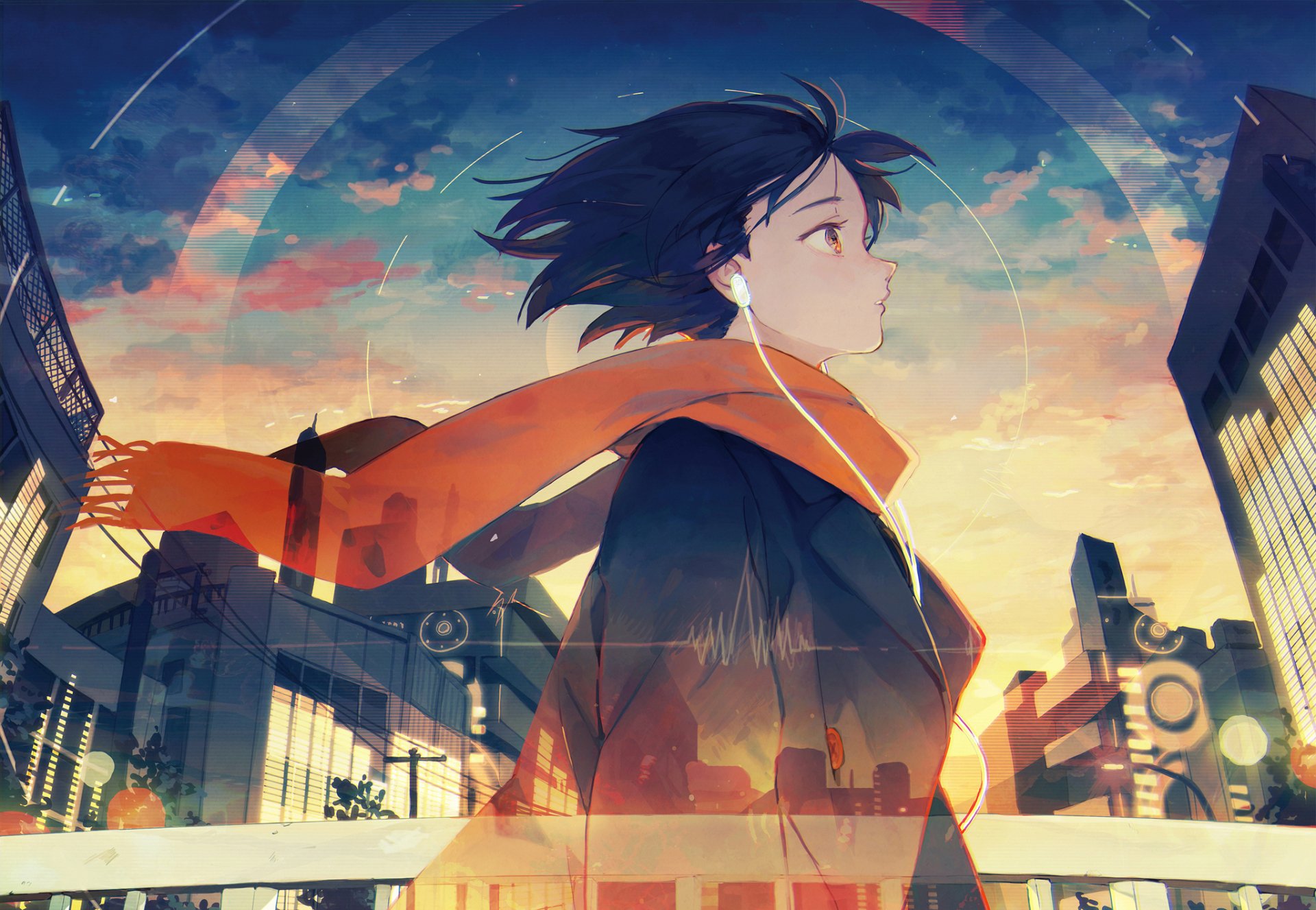 An anime character with short black hair wears earbuds and a vibrant scarf, walking through a cityscape at sunset, featured as an HD PC desktop wallpaper and background.