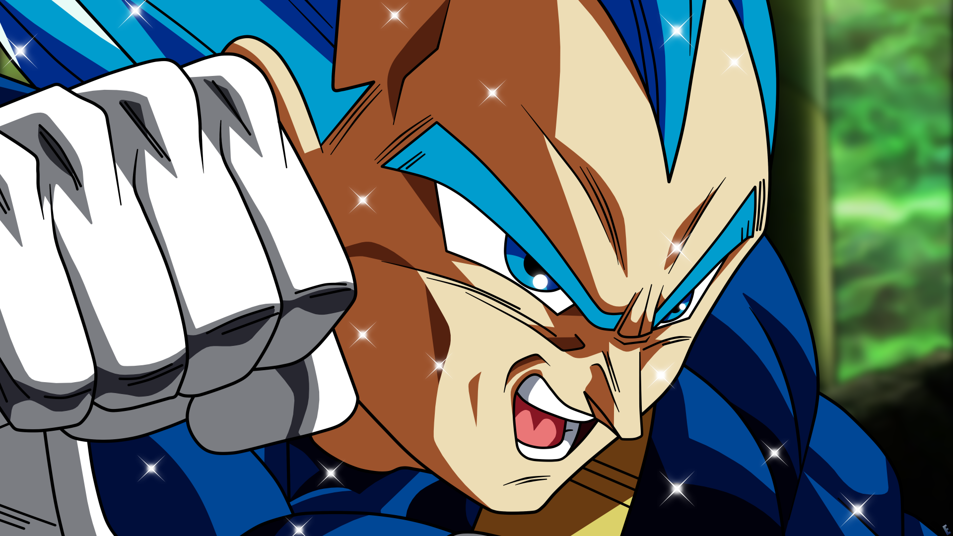 Close-up of Super Saiyan Blue Vegeta from Dragon Ball Super in vibrant 4K Ultra HD anime style, designed as a dynamic PC desktop wallpaper.