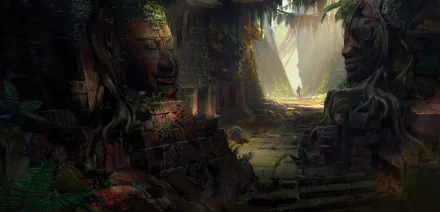 HD desktop wallpaper featuring Lara Croft from Tomb Raider as an adventurer in a fantasy ruin with large, ancient statues and overgrown vegetation.