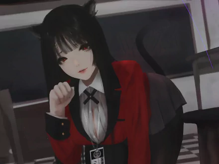 HD desktop wallpaper featuring Yumeko Jabami from the anime Kakegurui, depicted in a dark classroom setting.