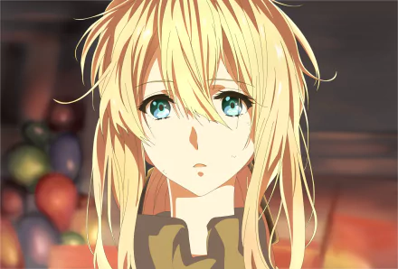 HD desktop wallpaper featuring Violet Evergarden, an anime character with aqua eyes and blonde hair, looking thoughtful.
