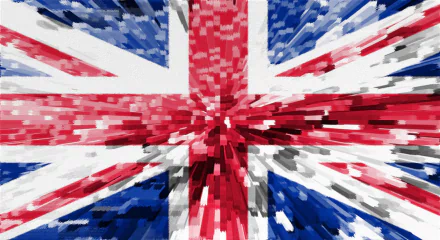 HD PC desktop wallpaper featuring a pixelated, dynamic Union Jack flag design in blue, white, and red representing the United Kingdom.