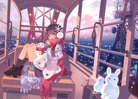 Anime HD PC desktop wallpaper featuring an original character sitting inside a Ferris wheel cabin, holding snowmen with city lights glowing in the background at dusk.