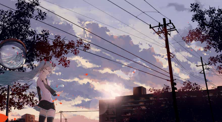 Hatsune Miku anime Vocaloid in a 2K Quad HD PC desktop wallpaper: Miku stands at sunset under power lines, city silhouette and dramatic clouds, holding a small glowing object.