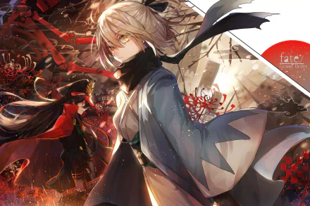 Dynamic HD wallpaper featuring Okita Souji and Oda Nobunaga from Fate/Grand Order, set against a backdrop of striking anime visuals and rich red flower motifs.