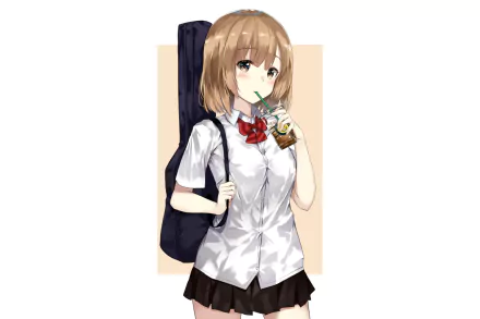 Anime-style original HD desktop wallpaper featuring a schoolgirl with light brown hair, wearing a white shirt and black skirt, holding a guitar case and drinking from a juice box.