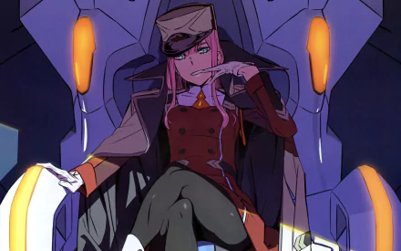 Anime wallpaper featuring Zero Two from Darling in the FranXX, with pink hair, blue eyes, and a smile, dressed in pantyhose, gloves, and a hat, sitting in a robotic chair.