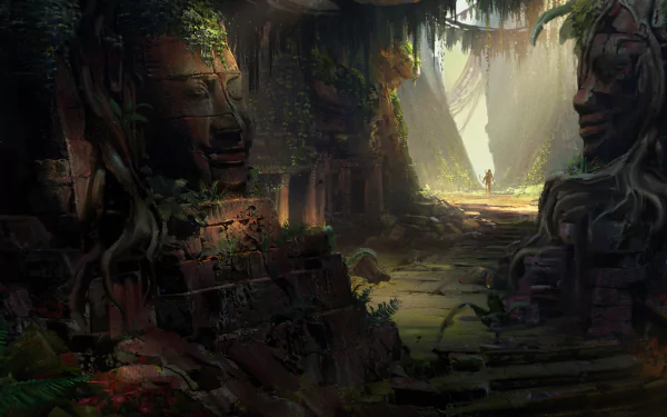 HD desktop wallpaper featuring Lara Croft from Tomb Raider as an adventurer in a fantasy ruin with large, ancient statues and overgrown vegetation.
