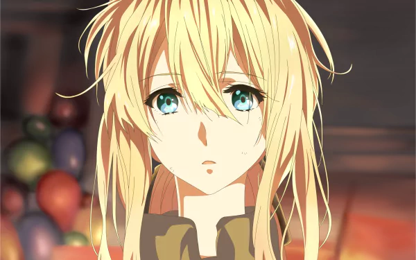 HD desktop wallpaper featuring Violet Evergarden, an anime character with aqua eyes and blonde hair, looking thoughtful.
