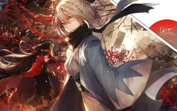 Dynamic HD wallpaper featuring Okita Souji and Oda Nobunaga from Fate/Grand Order, set against a backdrop of striking anime visuals and rich red flower motifs.