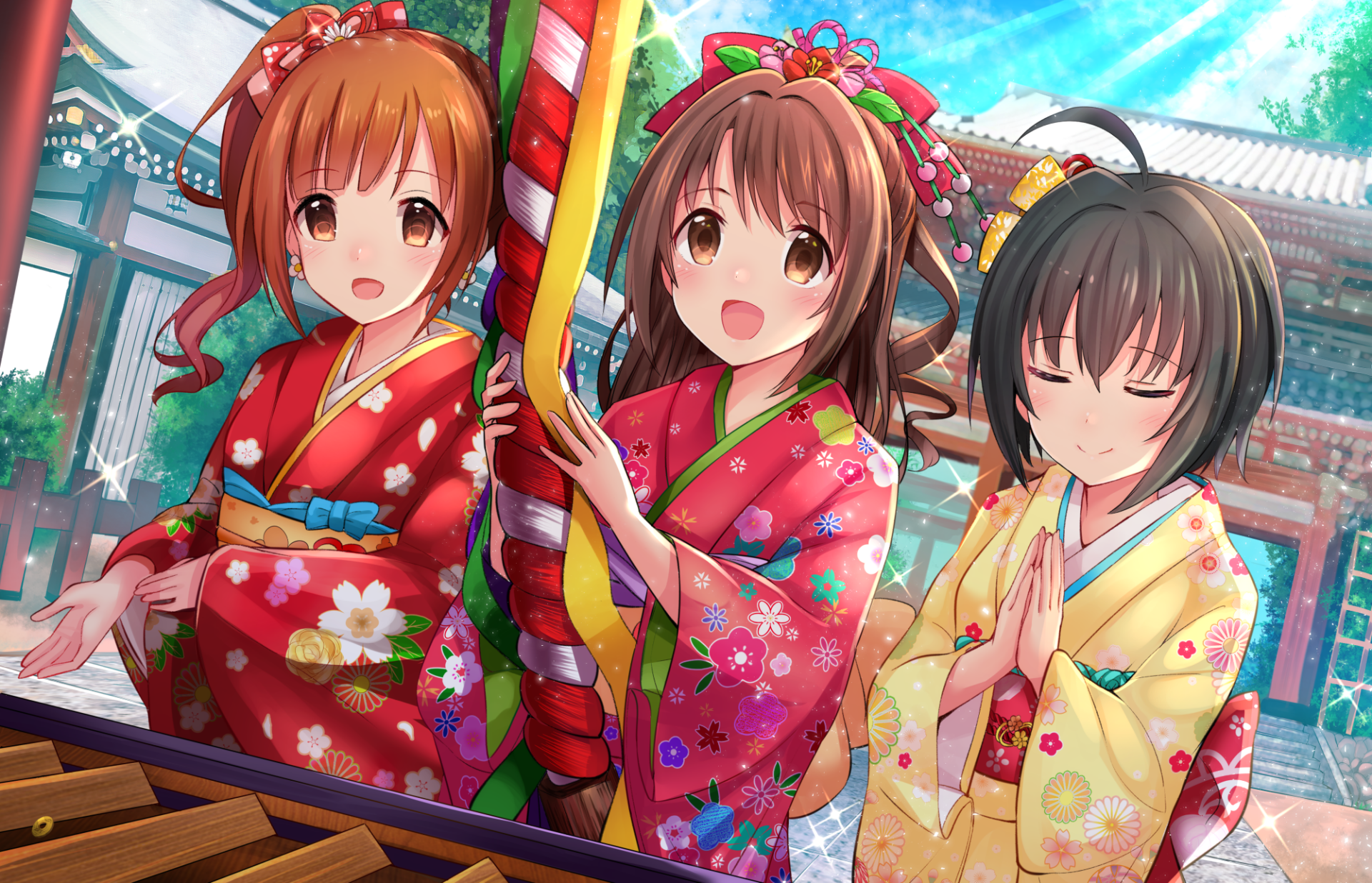 Anime-style HD desktop wallpaper featuring Miho Kohinata, Kyoko Igarashi, and Uzuki Shimamura from The iDOLM@STER Cinderella Girls in vibrant traditional kimonos at a shrine.