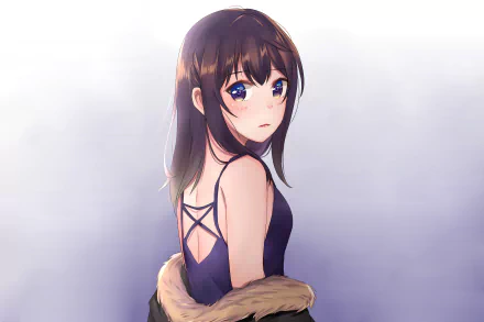 Anime-style original character with dark hair and blue eyes, wearing a strappy black top and fur-lined jacket, set against a soft gradient background. 4K Ultra HD PC wallpaper.