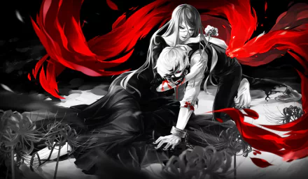HD anime desktop wallpaper featuring Ken Kaneki and Rize Kamishiro from Tokyo Ghoul, with dramatic red and black tones highlighting their intense dynamic.