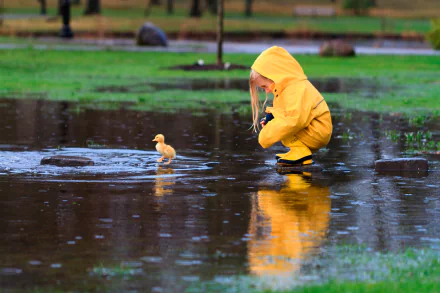A young child in a yellow raincoat crouches to observe a duckling on a rainy day, reflected in puddle water.