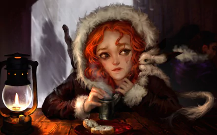Fantasy-themed HD desktop wallpaper of a red-haired woman in a fur-lined hood holding a cup, with a glowing lantern on the wooden table beside her.