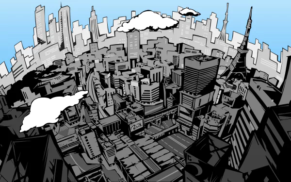 4K Ultra HD Persona 5 cityscape wallpaper featuring a stylized black and white urban skyline under a bright blue sky with scattered clouds.