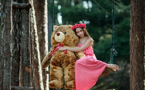 Women Asian Model Mood Teddy Bear Stuffed Animal Swing Wreath Brunette Pink Dress HD Wallpaper | Background Image