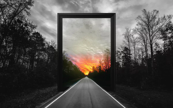 Artistic polyscape HD PC desktop wallpaper: black-and-white forest road passes through a large rectangular frame revealing a vivid orange-pink sunset and a color road vanishing into the horizon.