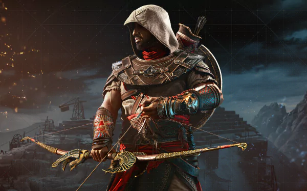 A stunning 8K Ultra HD wallpaper featuring Bayek of Siwa, the iconic character from the video game Assassin's Creed Origins, set against a dramatic backdrop.