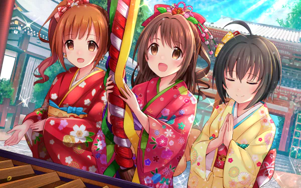 Anime-style HD desktop wallpaper featuring Miho Kohinata, Kyoko Igarashi, and Uzuki Shimamura from The iDOLM@STER Cinderella Girls in vibrant traditional kimonos at a shrine.